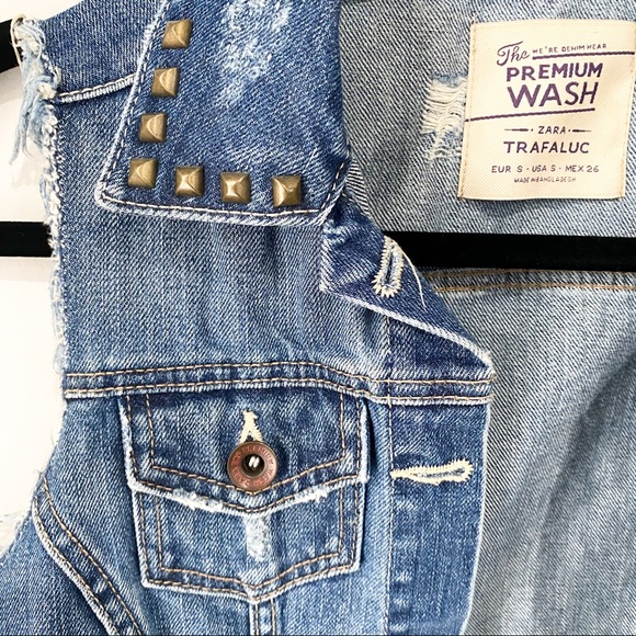 Zara Cropped Denim Distressed Studded Vest - Picture 2 of 3